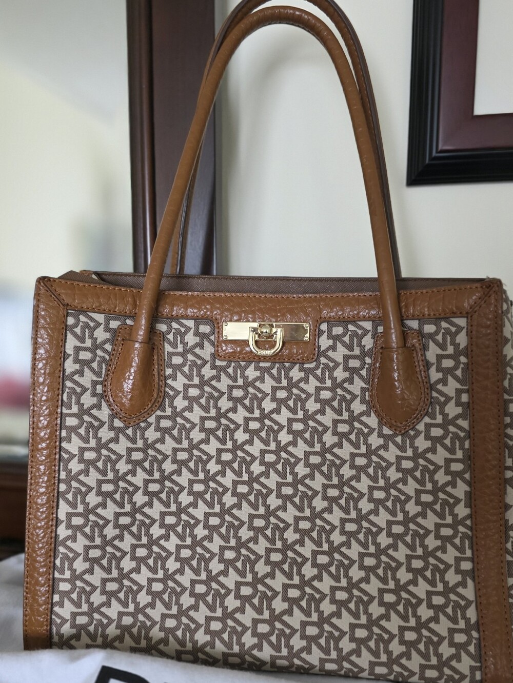 DKNY Monogram Canvas & Leather Tote Bag — Brown/Tan Signature Print